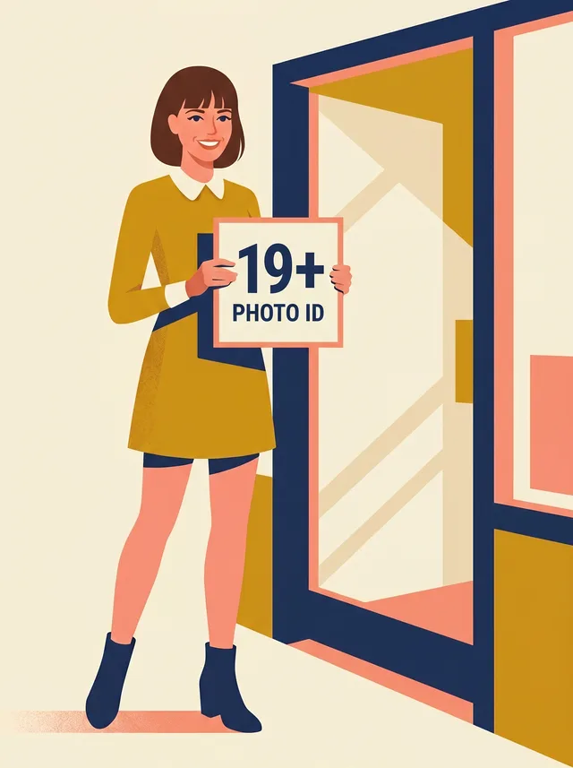 Illustration: the guide character stands by a glass door holding a card that reads 19+ Photo ID.