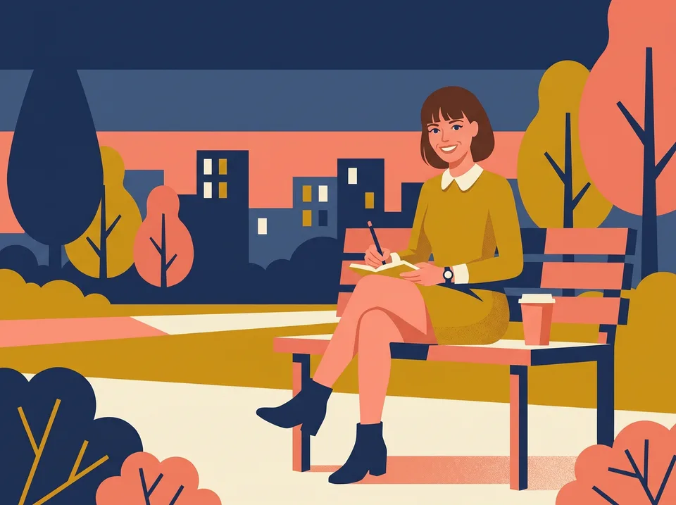 Illustration: the guide character sits on a park bench at dusk writing in a small notebook, a coffee cup beside her.